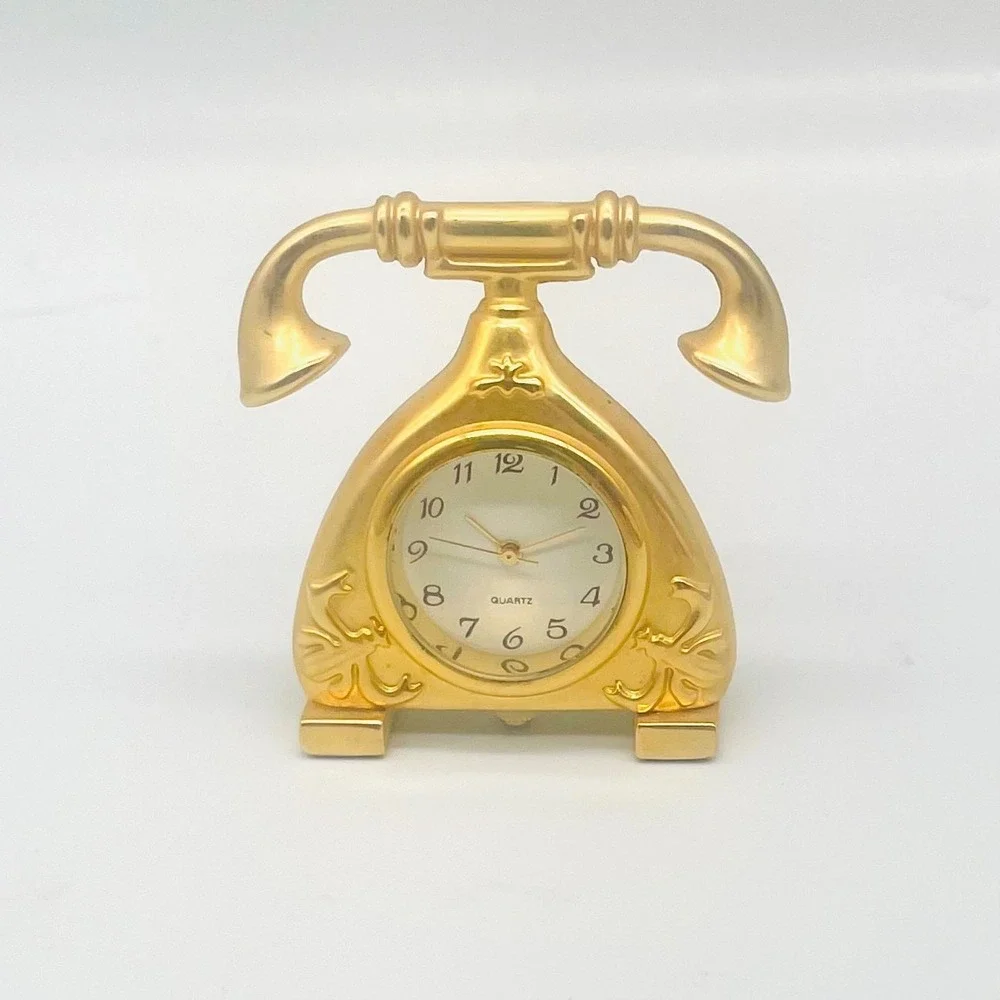 Collezio Telephone Miniature Clock Gold Tone Vintage Style Desk 1.75